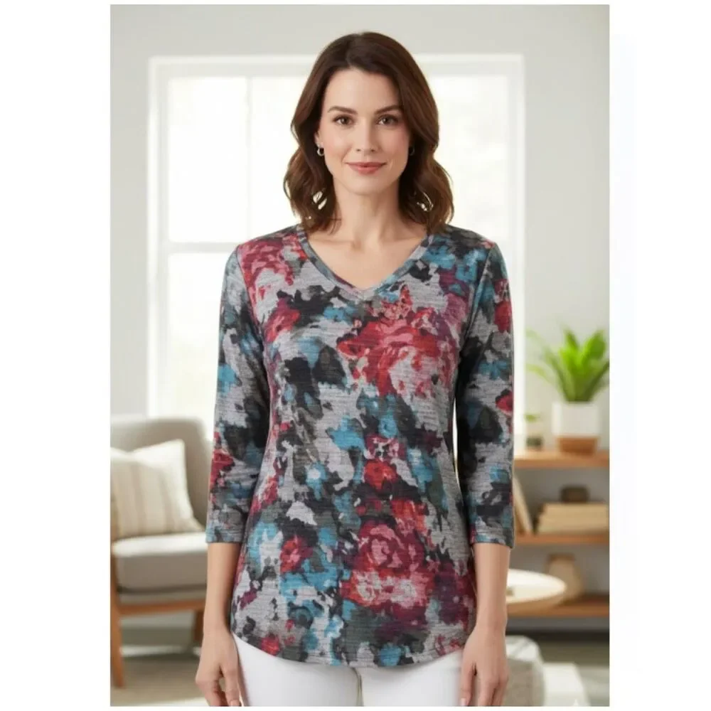 Pure Amici Top Floral Print Knit Pullover Luxury Brand NWT Womens Size XS